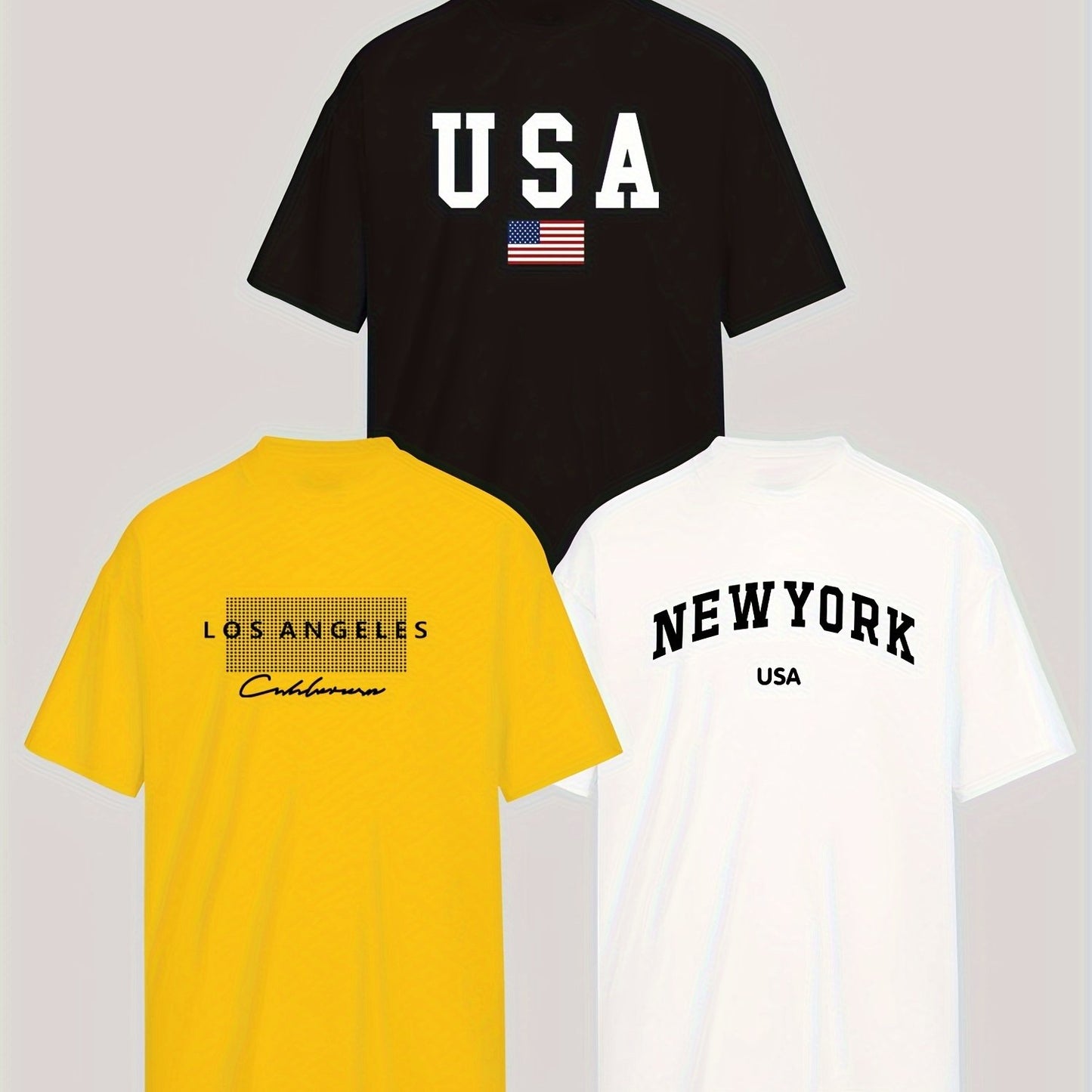 3 Fashion T-Shirts featuring Los Angeles, New York & USA prints - Crew neck, short sleeve tees for men & women. Made of breathable polyester blend, machine washable.