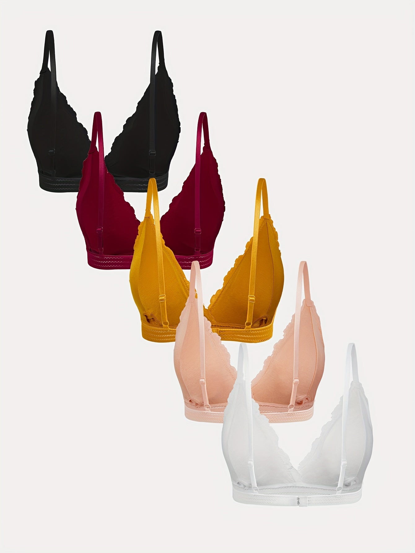 5 Lace-Trimmed wireless bras for women made of comfortable nylon blend. Full coverage with removable pads, non-see-through. Available in black, maroon, yellow, white, and pink. Elegant and