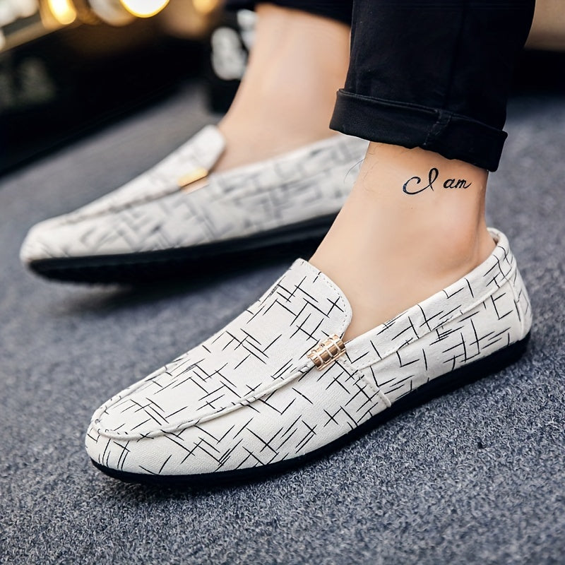 Men's slip-on loafers with stylish black and white geometric pattern, breathable mesh upper, rubber sole, and round toe. Perfect for outdoor wear in all seasons. Durable and comfortable