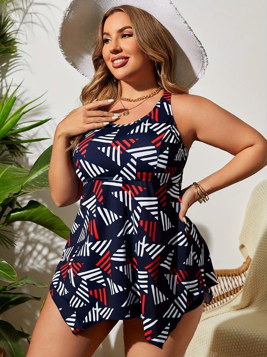 Plus size tankini swimsuit for women with mature style featuring a geometric pattern print, one-piece top with skirt, and high-stretch fabric.