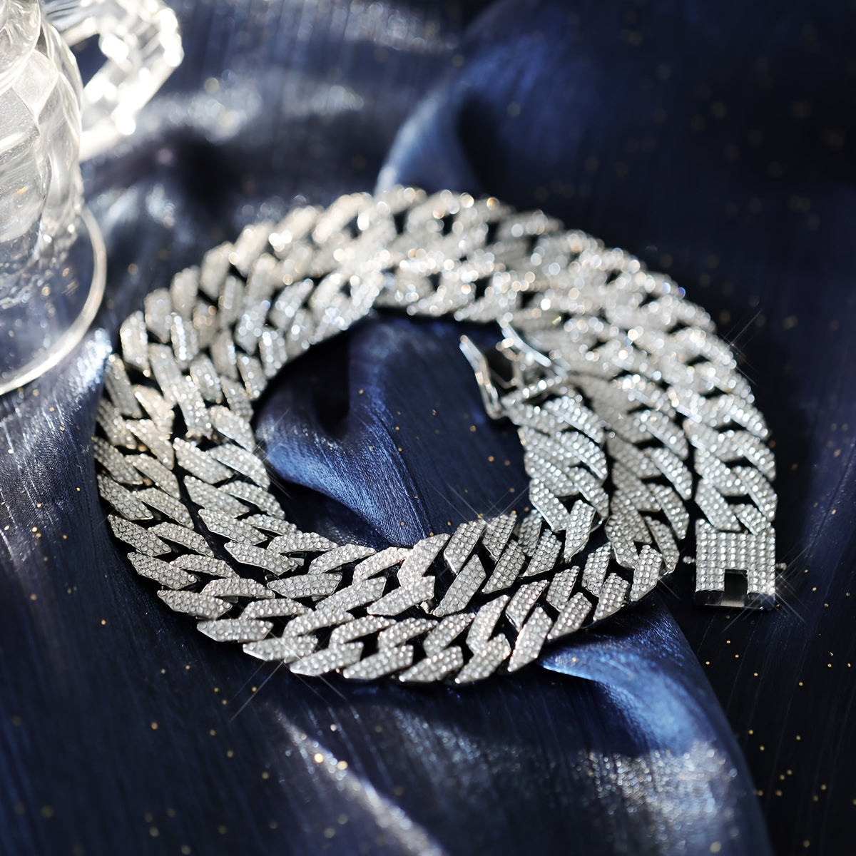 Icy 3-Row Rhinestone Cuban Link Chain Necklace for Men - Edgy Hip Hop Fashion, Made of Zinc Alloy, Ideal for Party Wear