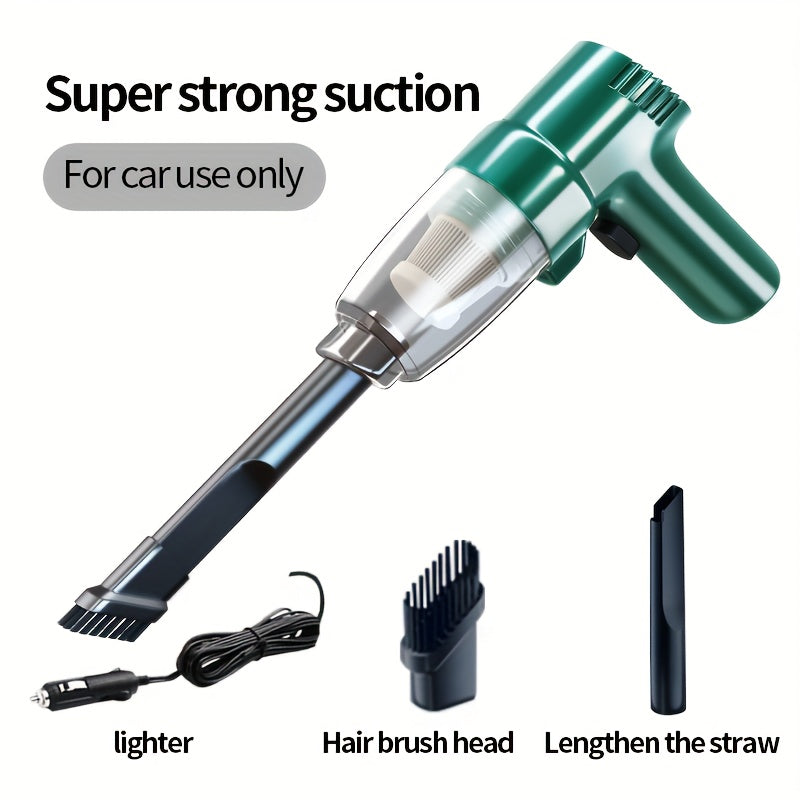 Battery-free portable handheld car vacuum with high suction power for both wet and dry cleaning in small sedans.