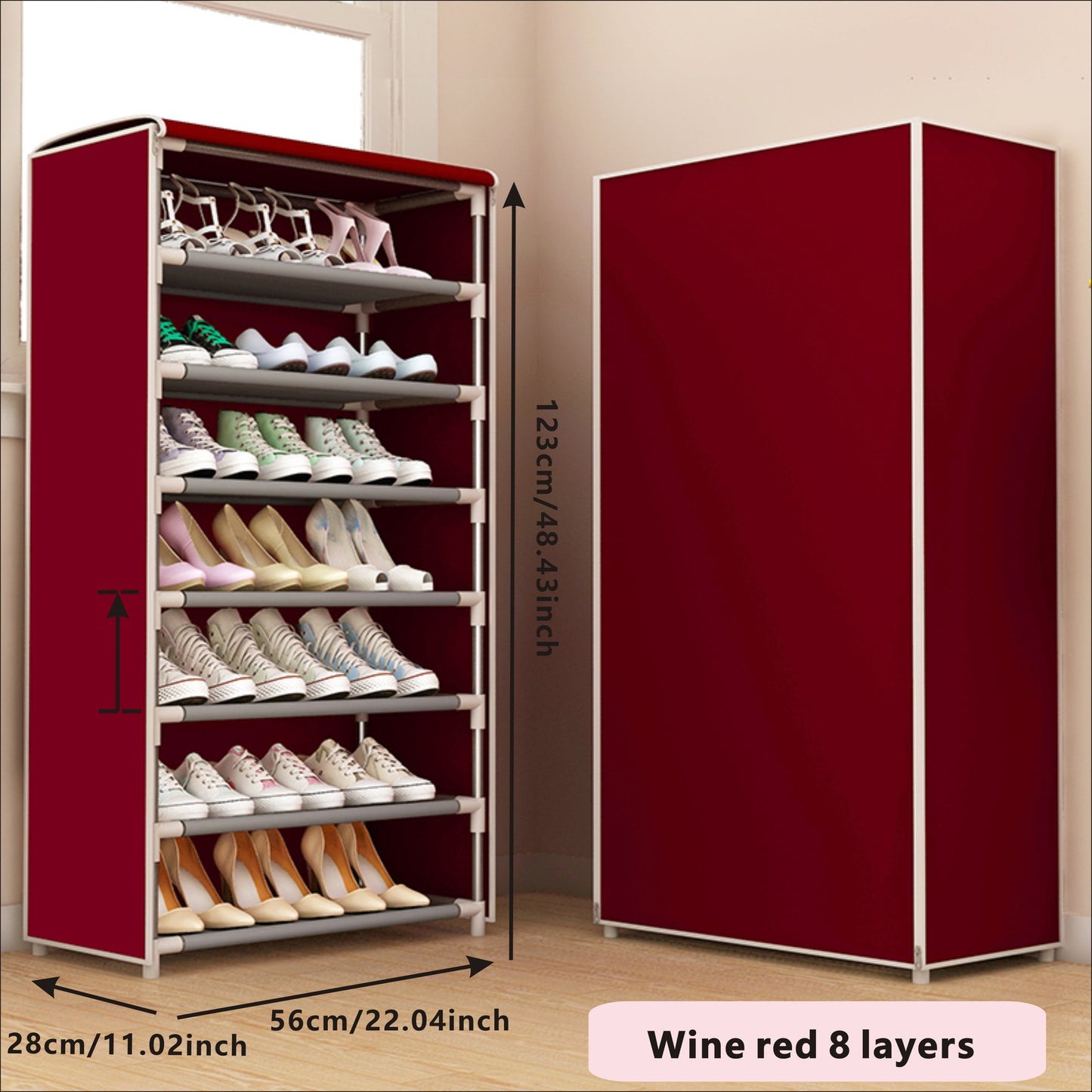 Stylish and durable shoe cabinet with dust cover, featuring a fabric cover with zipper. This shoe rack is perfect for hallways, closets, and garages. The free-standing metal shoe storage rack comes in various patterns.