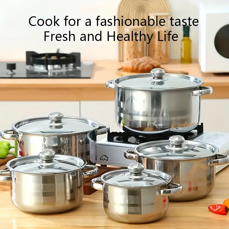 This set includes 10 pieces of stainless steel pots with specifications of 18.01/19.99/22.0/24.0/26.01 cm. The pots are silvery in color and come with double handles and lids. The set includes 5 pots and 5 lids, suitable for both home and restaurant