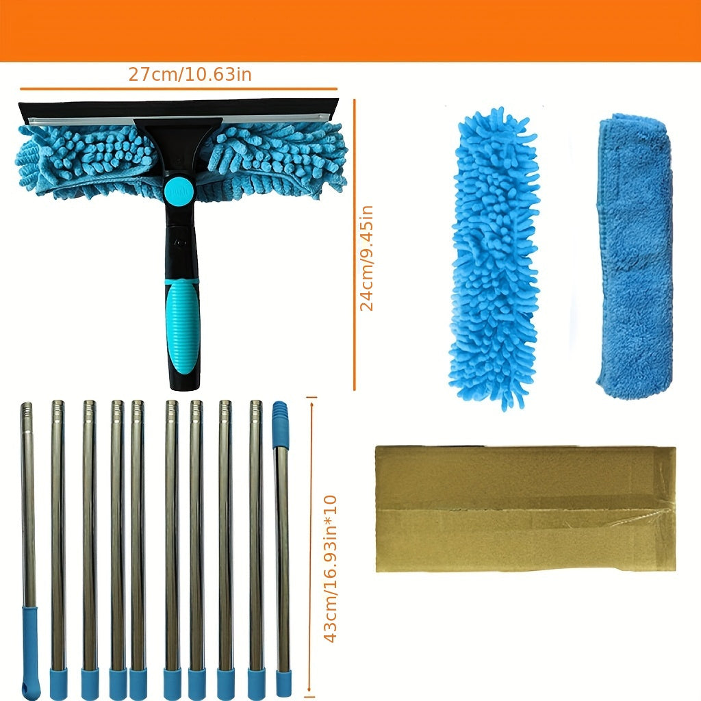 1 Retractable Window Cleaning Brush Kit with Telescopic Rod, Stainless Steel Handle, and Reusable Microfiber Pad - Includes High Reach Outdoor and Glass Cleaning Tool, Machine Washable, No Power Needed, 1 Rotatable Head, 2 Interchangeable Brushes Blue