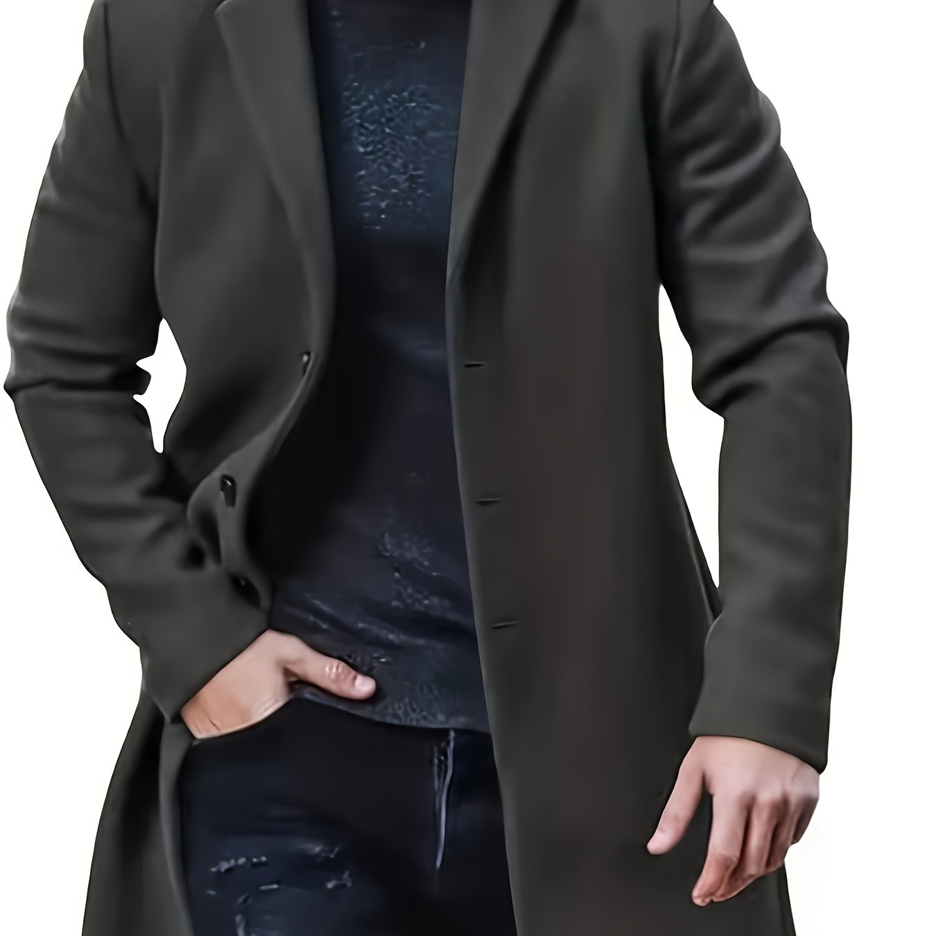 Men's plus size casual trench coat made of 100% polyester solid color non-stretch woven fabric with lapel collar, button detail, and loose fit, suitable for spring/fall outerwear.