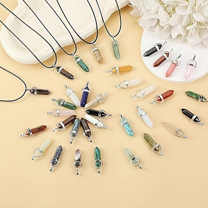 Set of 20 Artificial Crystal Hexagonal Column Quartz Pendants with Synthetic Gemstone Charms, Adjustable Leather Necklace Cords, Complete with Storage Bag for DIY Jewelry Making. Perfect for Gift Giving.