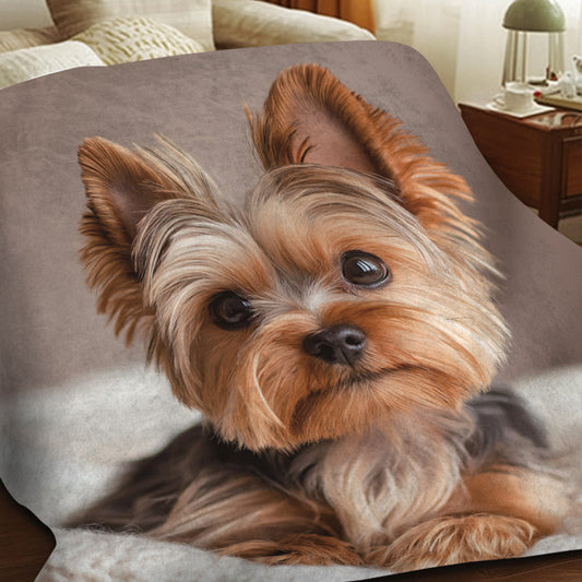 Soft and warm Yorkshire Terrier pattern flannel throw blanket. This quilted, knit polyester blanket features a digital print and is suitable for all-season use. Perfect for napping, camping, travel, and can be used as a decorative piece in your home or