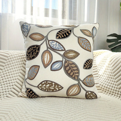 Leaf embroidered canvas throw pillow cover with zipper, machine washable, for modern living room and bedroom decor.