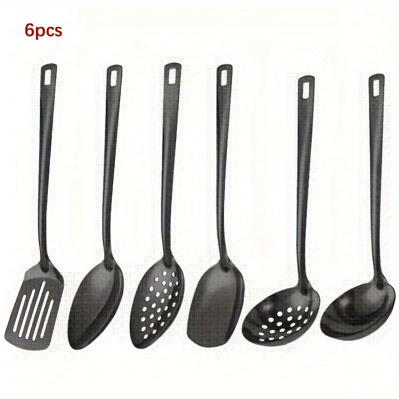 Set of 6 stainless steel utensils in golden, black, and silvery. Includes spatula, rice spoon, colander, and soup spoon. Ideal for buffets, banquets, and gatherings. Mirror polished and dishwasher safe.