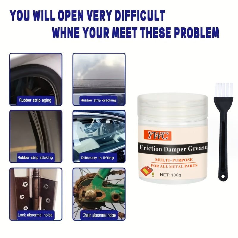 Skylight track, hinge, and window seal maintenance kit for reducing car grease noise and ensuring smooth operation. Contains factory solid paste lubricant for lubricating metal corners. Mini version with 100g set and brush included.