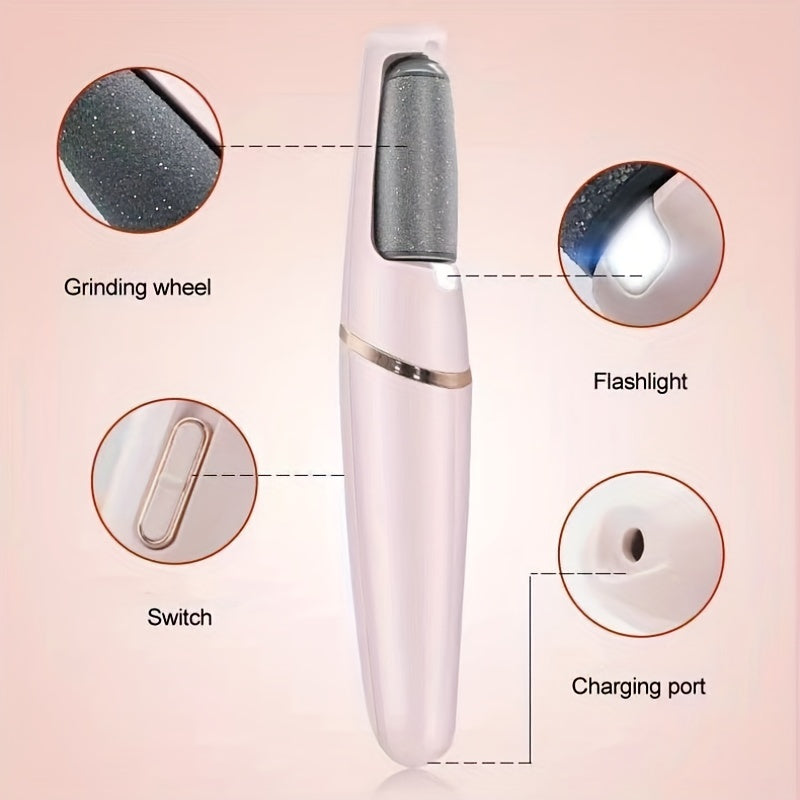 USB rechargeable electric foot pedicure tool in sleek white with golden accents. Features dual roller heads for smooth feet, portable dead skin and callus remover. Includes 500mAh lithium