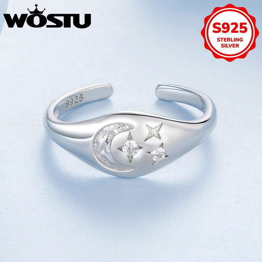 This classy women's open ring features a star and moon design, embellished with synthetic zirconia stones, set on 925 silver. Weighing 2.9g, it is perfect for parties, weddings, or daily wear, and makes a wonderful gift option.