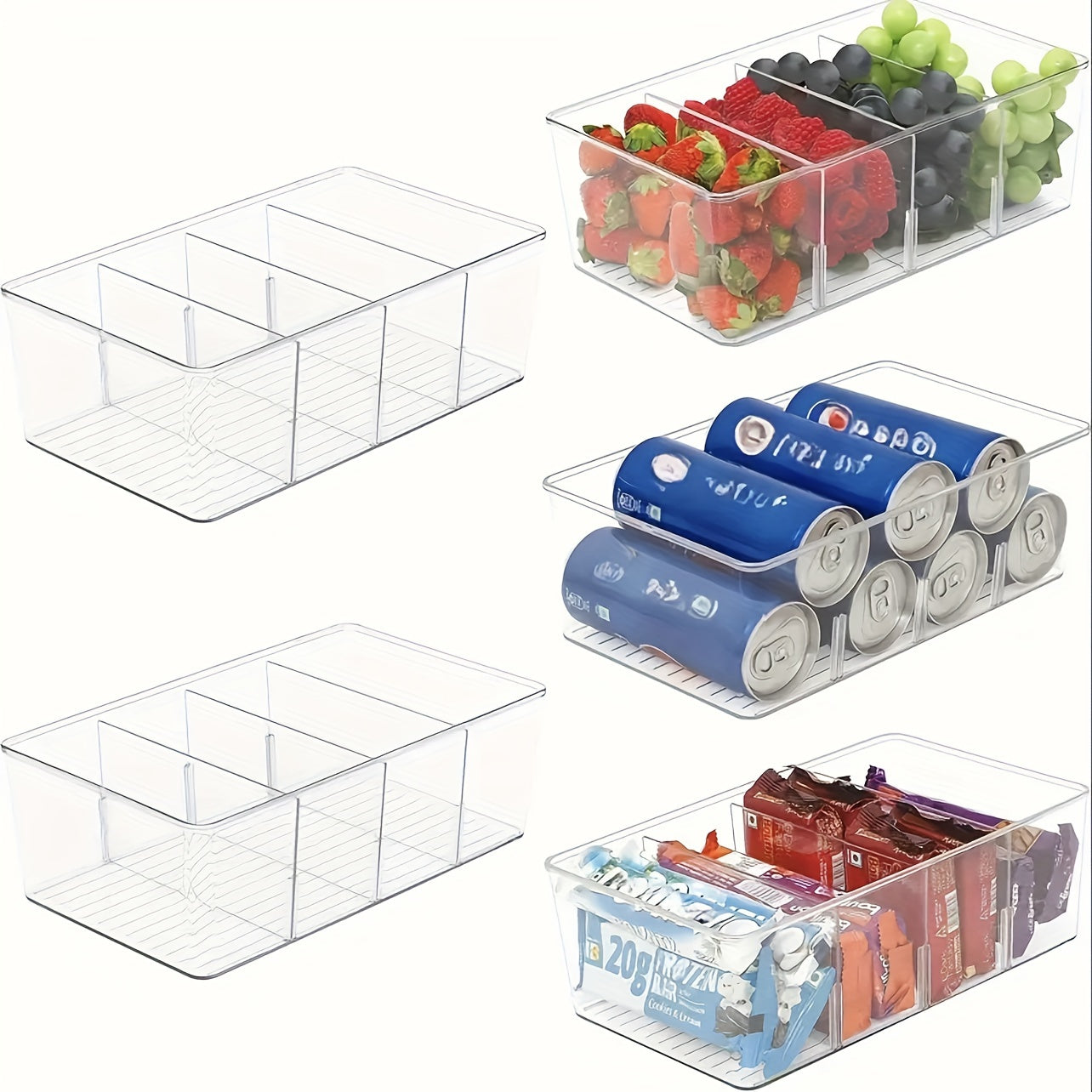 Transparent refrigerator organizer bins available in sets of 2, 4, or 6, featuring removable dividers. Ideal for storing various items such as fruits, vegetables, meat, eggs, ginger, garlic, and more. Perfect for keeping your kitchen organized at home or