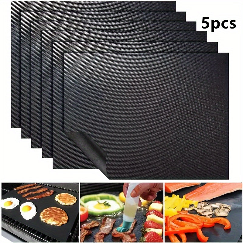 Three pieces or five pieces of reusable non-stick oven mats, each 0.2mm thick and made of Teflon. These oven liners can be used in the microwave and for baking, grilling, and cooking. They are versatile tools for the kitchen, perfect for all your baking