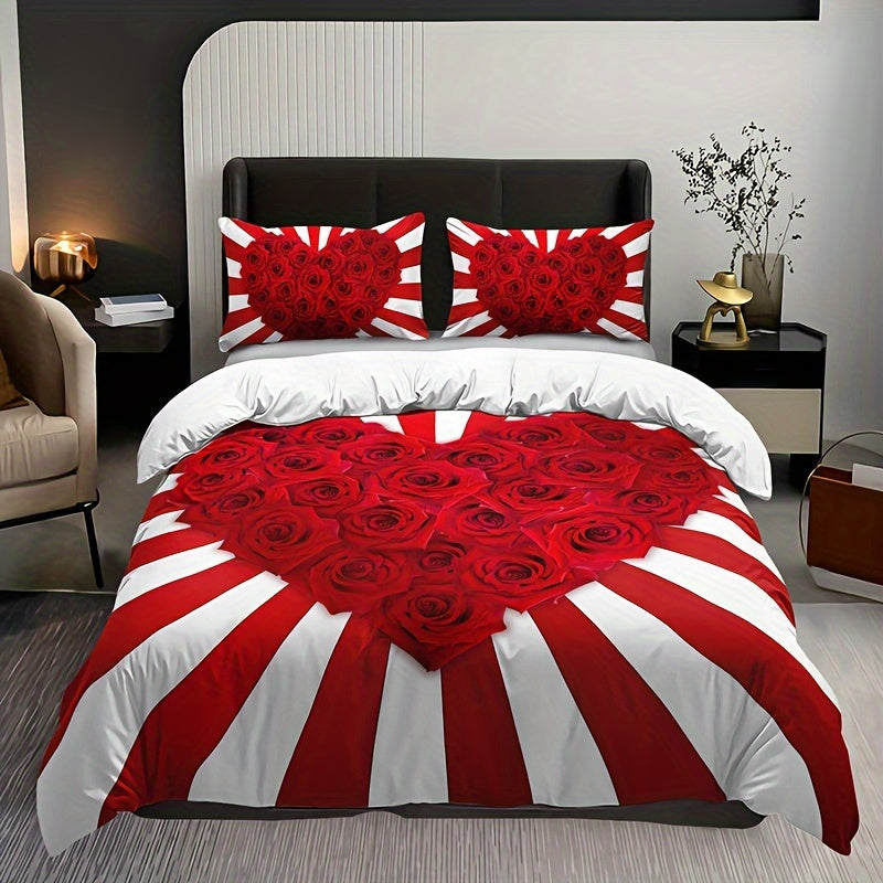 Set the mood with this romantic Red & White Rose Floral Print Bedding Set featuring 3 pieces - 1 Duvet Cover and 2 Pillowcases. Made from breathable polyester, this set offers all-season comfort with a high-definition print perfect for adding flair to