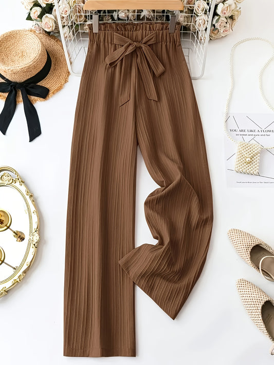 Women's wide leg pants with bow tie waist in solid color, made from 100% polyester non-stretch woven fabric for Spring/Summer/Fall. Straight leg style, weighing 125 gsm.