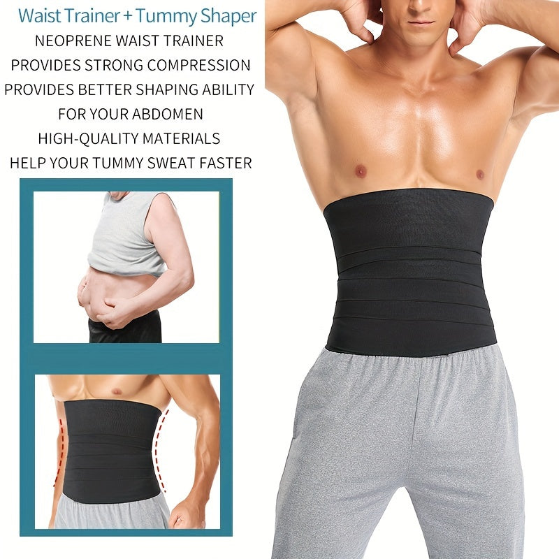 Men's slimming waist trainer belt in black, provides abdominal shaping, back support, and invisible fit.