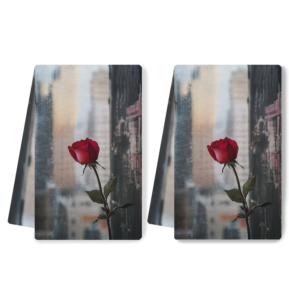 Set of 2 Ultra Soft Kitchen Towels featuring a Romantic Valentine's Rose Design. These towels are highly absorbent and machine washable, made of contemporary polyester material. Perfect for holiday decor, these dish hand towels measure 40.64x60.96 cm.