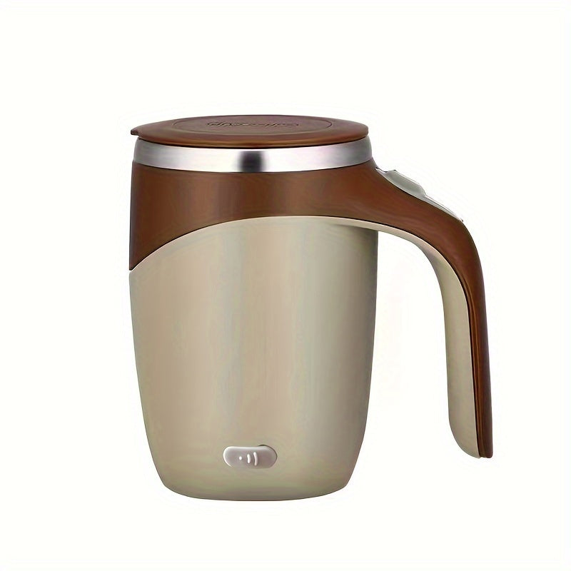 The self-stirring coffee mug with a lid features a 380ml reusable round cup made of ABS and stainless steel. It is USB charging with a magnetic rotating feature and built-in lithium battery. Additionally, it is machine washable.