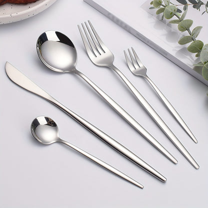 Set of 20/30 stainless steel Portuguese tableware including steak knife, fork, spoon, tea spoon, fruit fork, and dessert spoon. Dishwasher safe and mirror polished, suitable for home, restaurant, hotel, party, or wedding.