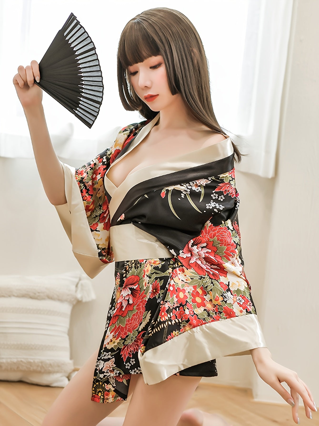 Floral satin kimono robe for women's role play and lingerie.