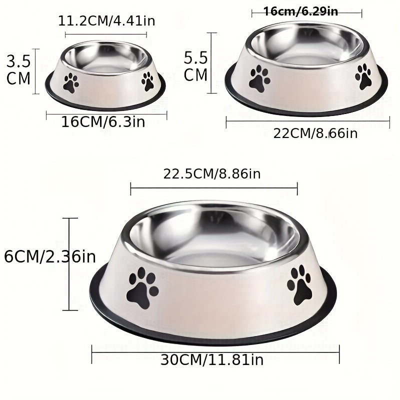 High-quality stainless steel pet bowl with non-slip base, easy to clean, ideal for dog and cat food or water, offered in three sizes.