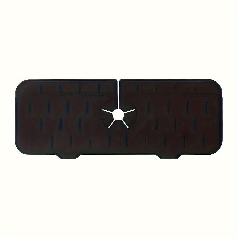 Waterproof and easy-to-clean silicone mat designed to catch faucet water, with drainage system and non-electric absorbent properties. Ideal as a sink splash guard and kitchen counter protector pad.