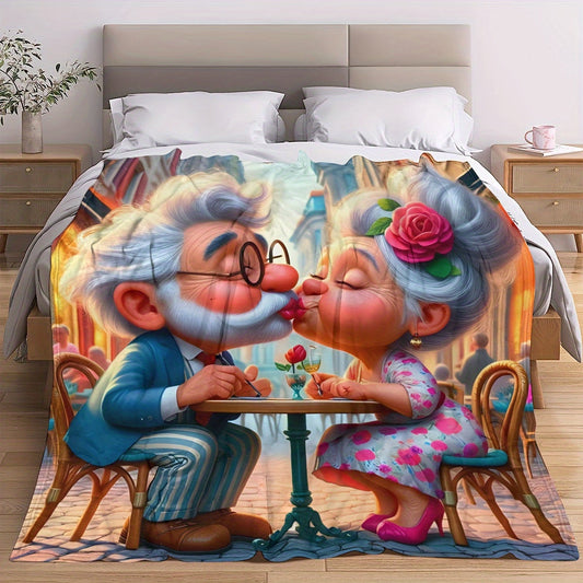 Stay warm and cozy with the 1pc CozyCuddle Soft Flannel Fleece Throw Blanket featuring a charming Grandpa and Grandma Print. This high-definition digital print blanket is perfect for adding a touch of warmth and style to your living room, sofa, or