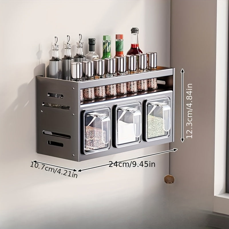 Wall-Mounted Spice Organizer Set with Seasoning Containers & Canisters, Aluminum Material, No-Drill Installation