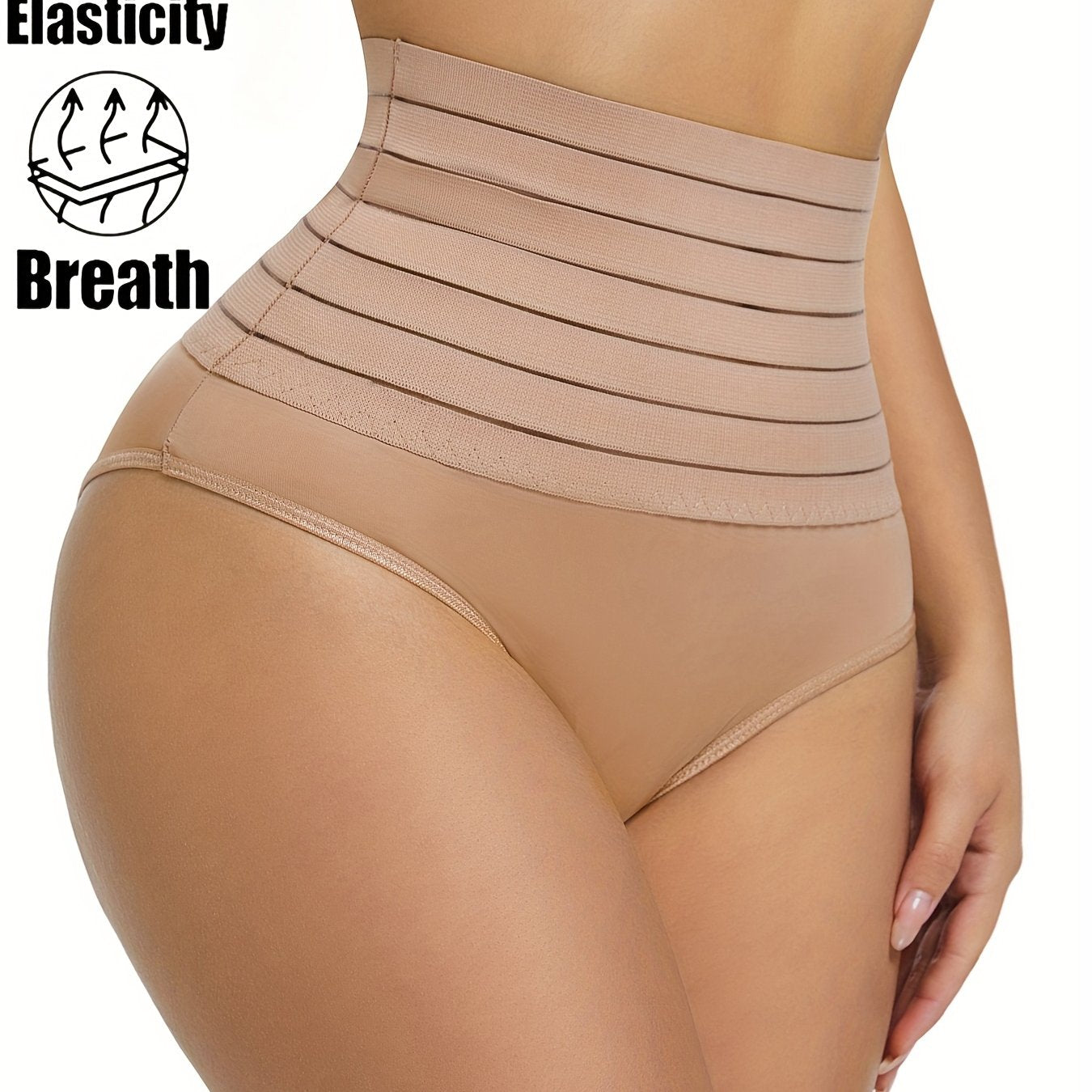 High-waist shapewear panties for women with tummy control and comfort fit in beige nylon blend fabric.