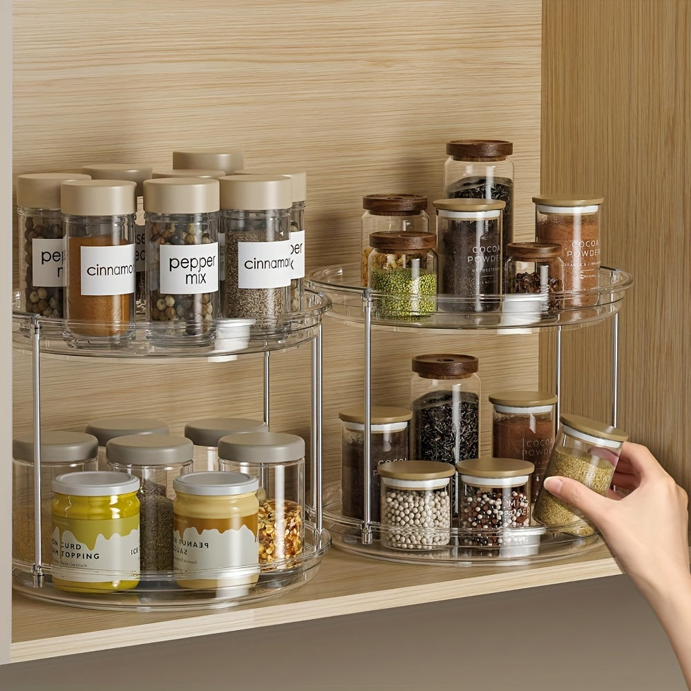 Lazy Susan Turntable Organizer with 2 Tiers - 23.5cm Rotating Spice Rack for Kitchen Cabinet, Pantry, and Countertop. Features Clear Plastic and Stainless Steel Open-Storage for Spices and Condiments. Can also be used as a Makeup Organizer for Bathroom