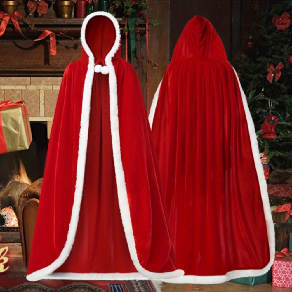 Get into the holiday spirit with our Christmas Santa Claus Costume Accessory Set! This set includes a comfortable velvet hooded cloak with white trim, a cute red velvet Santa hat, and cozy polyester & spandex gloves for ladies. Perfect for festive