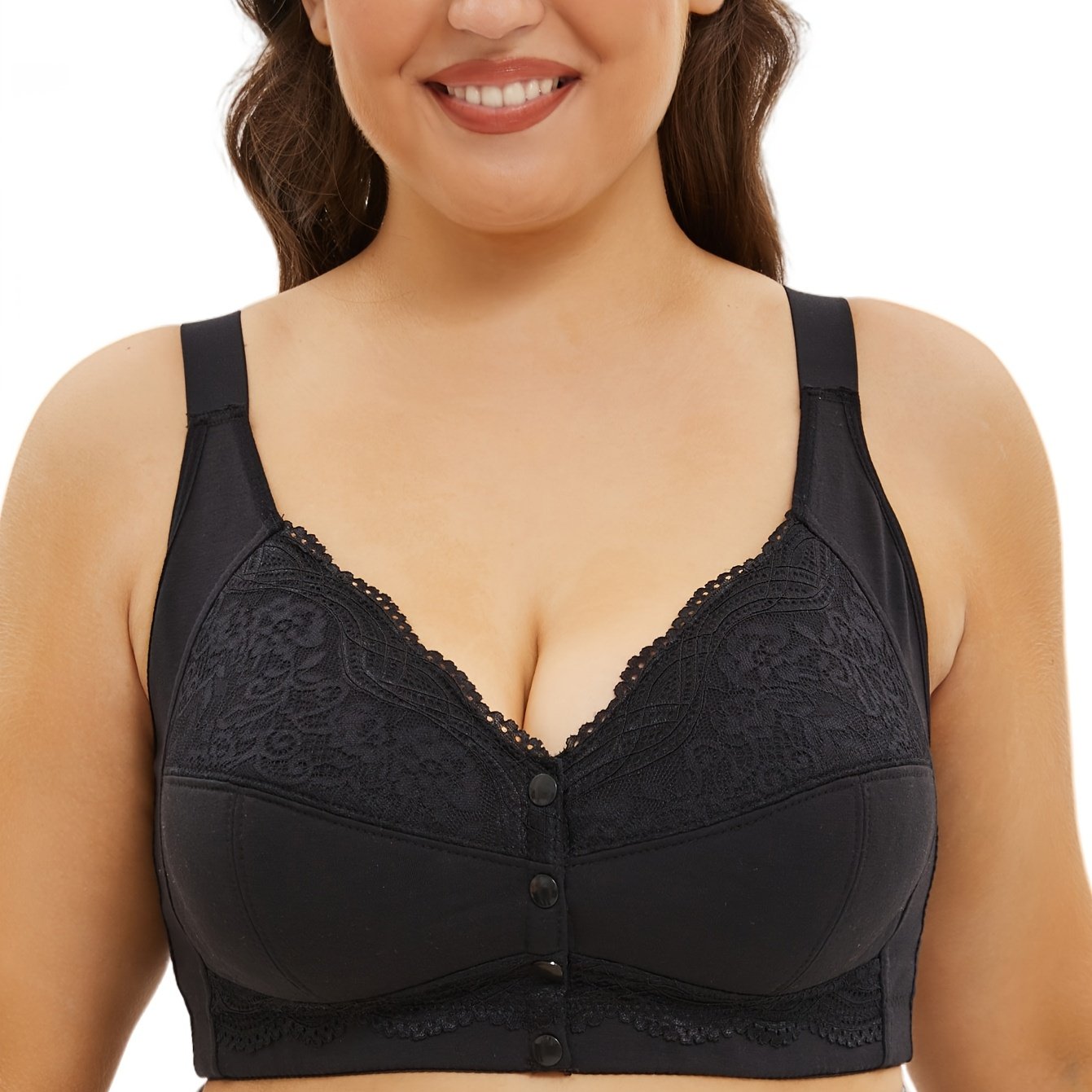 Women's lace front closure underwear with adjustable straps, no steel ring, and comfortable bra for plus sizes