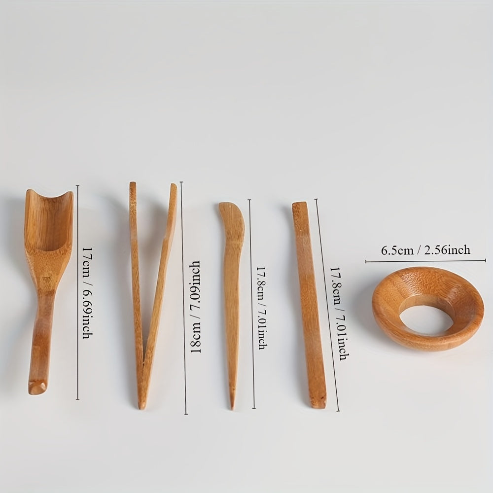 Complete set of Wooden Tea Ceremony Utensils including Bamboo Tea Spoons, Tea Needle, Tea Tweezers Clip, Strainer Tong, and Tube Teaware. Perfect for use in your home, office, or tea room. Essential kitchen tools and tea accessories.