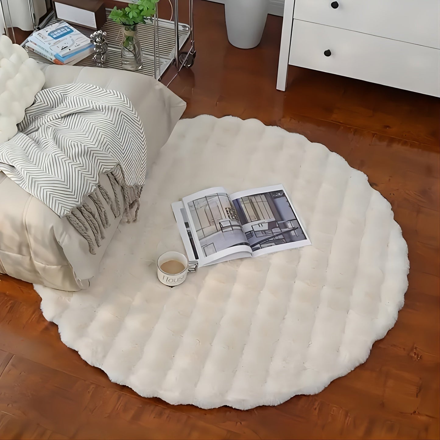 The Luxurious Plush Round Mat offers Minimalist Elegance - Featuring Ribbed Texture Design, this Ultra-Soft, Machine Washable, Non-Slip Polyester Mat comes in White or Pink. Ideal for Bedroom, Living Room, Closet, Dressing Area, and Home Decor, these