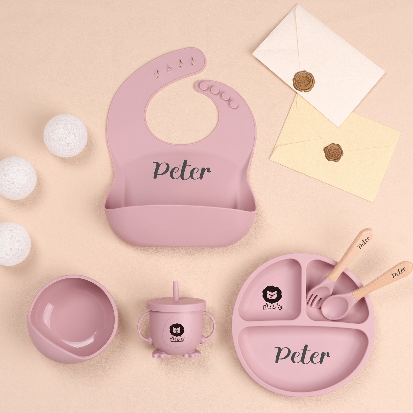 Customized Silicone Feeding Set - Personalized Weaning Set with Child's Name, Including Bowl, Cup, Bib, Spoon, and Fork - Perfect Baby Shower Present for Children Ages 3-6