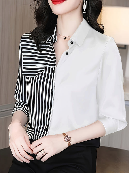 Stripe print button front shirt, color block blouse for women's spring & fall clothing.