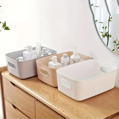 3-piece plastic storage basket set for cosmetics, kitchen, and bathroom essentials to organize home clutter efficiently.