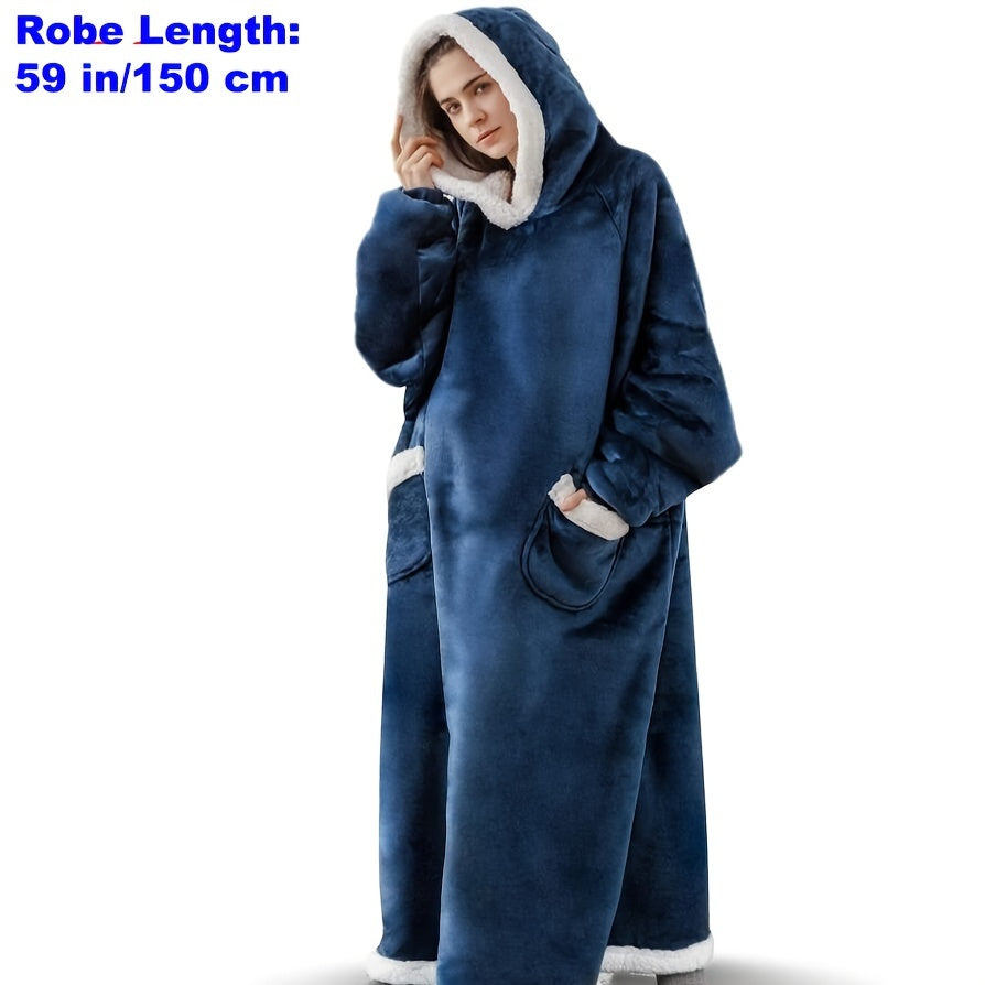 Vintage Blue with White Fur Trim Extra-Long Ultra-Soft Wearable Blanket Hoodie - Cozy Sweatshirt Robe with Pockets for Men & Women - Hypoallergenic and Machine Washable