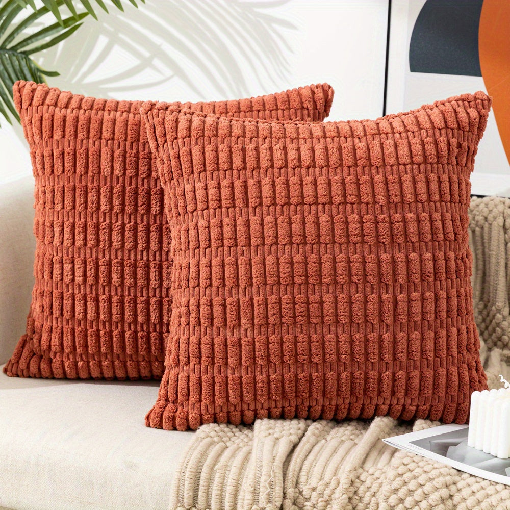 Reversible corduroy throw pillow cover with soft boho striped design, machine washable, zipper closure. Woven polyester, ideal for contemporary farmhouse home decor in sofa and living room. Size: 45.72x45.72 cm.