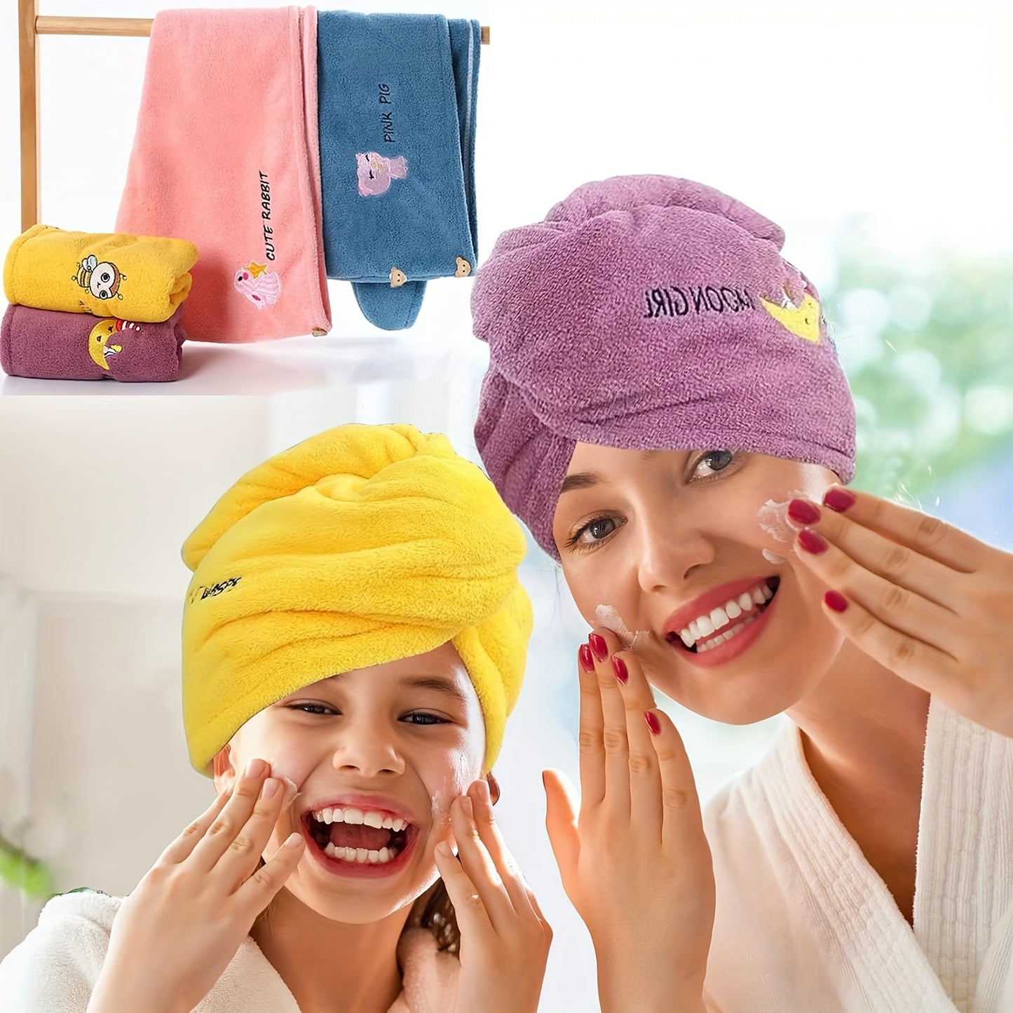 Ultra-absorbent microfiber hair towel wrap in cute cartoon designs - quick dry, lightweight shower cap for women. Available in blue, purple, yellow, pink. Soft and comfortable polyester blend.