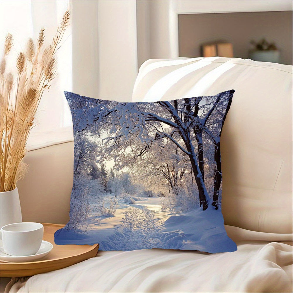 Stay cozy with our Winter Wonderland Snow Scene Throw Pillow Cover, measuring 45.72x45.72 cm. Made of contemporary short plush polyester, this machine washable pillowcase features a zippered design for easy cleaning. Suitable for various room types, this