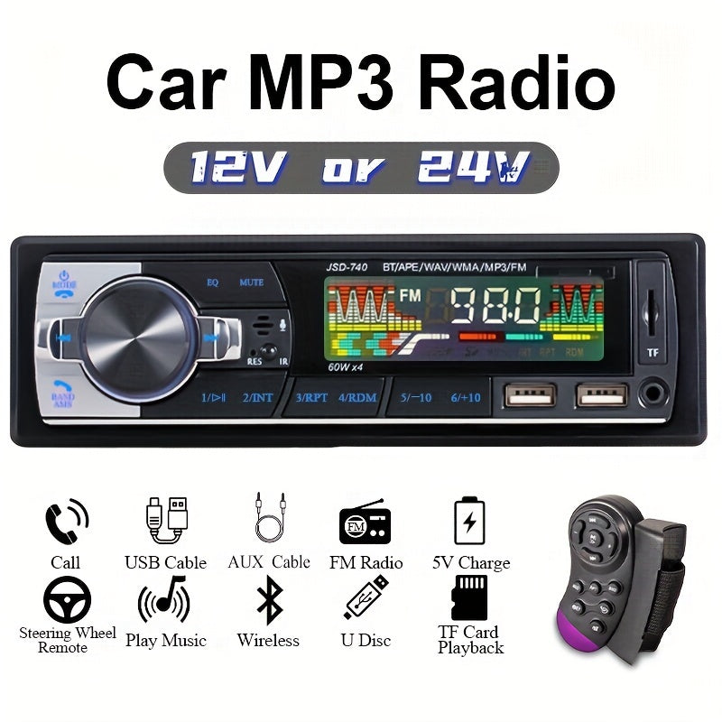 1 DIN car stereo with wireless remote, 60Wx4 FM receiver, AUX/USB/TF support, ISO interface, 12V/24V compatible.