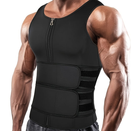 Men's Neoprene Sauna Zip-Up Training Vest with Waist Straps.