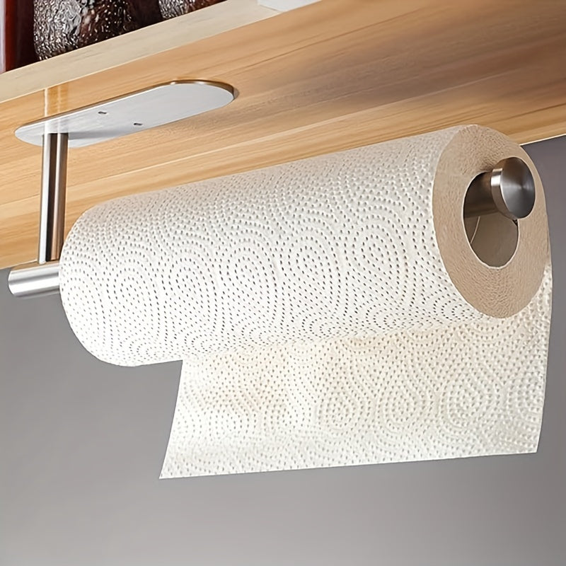 Paper Towel Holder for Under Cabinet Mounting, Versatile Silvery Design with Optional Drilled or Self-Adhesive Installation, Stainless Steel Holder for Paper Towel Rolls, Ideal for Kitchen, Pantry, or Bathroom Organizing