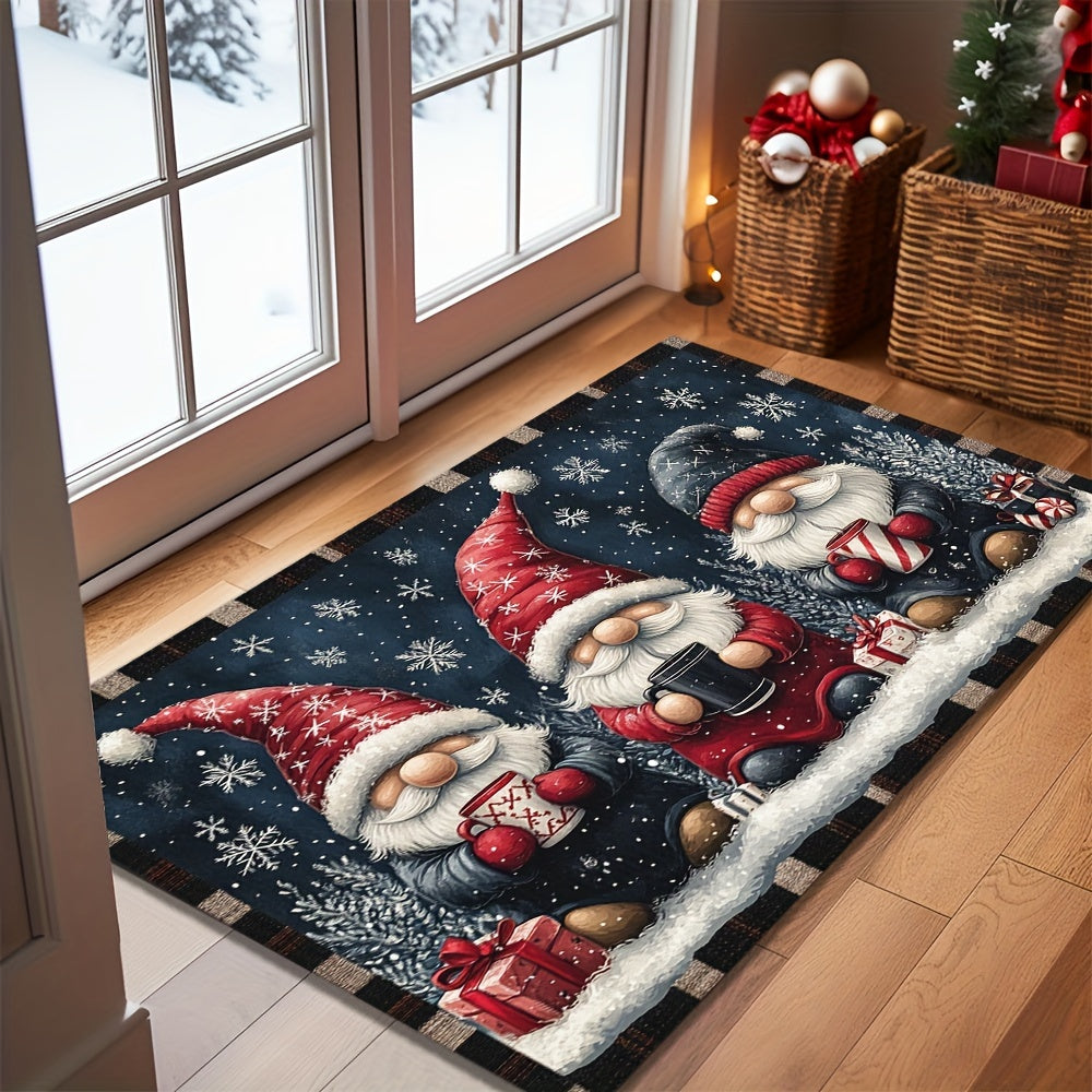 Get into the holiday spirit with the Festive Christmas Gnome Doormat! This non-slip, washable doormat is made of polyester with a rubber backing for durability. Machine-made in a rectangular shape, this welcome mat is perfect for home decor. Lightweight