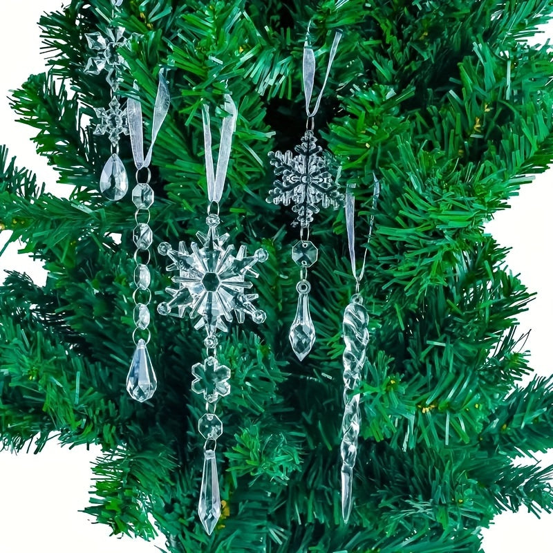 Set of 20 modern acrylic snowflake and icicle ornaments for Christmas tree decoration, perfect for holiday and winter festivities. Festive hanging charms without feathers.