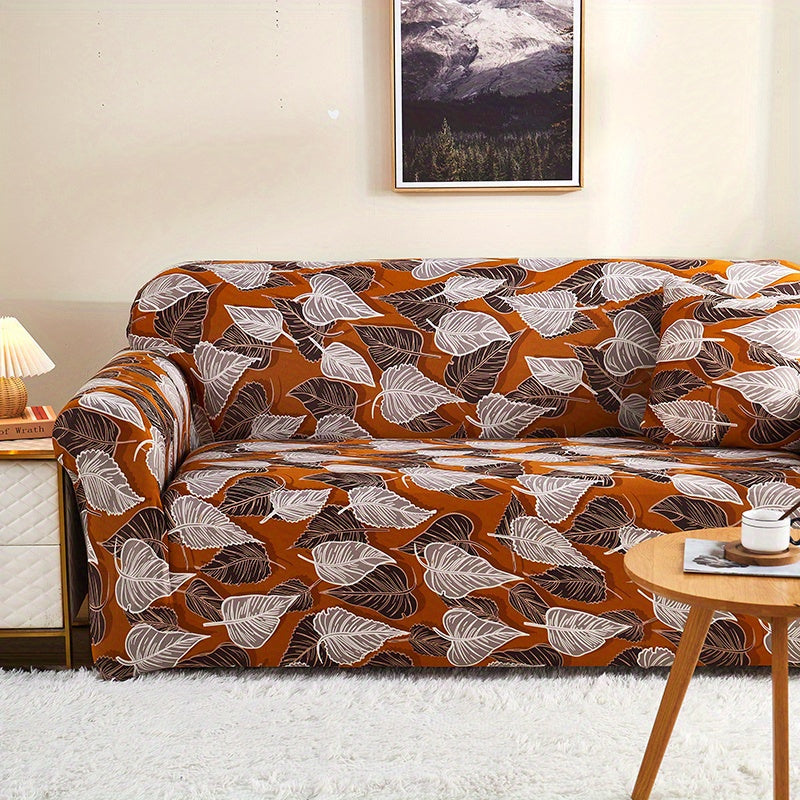 Modern printed sofa slipcover with elastic closure, made of 95% polyester and 5% spandex. Machine washable with active printing and stitched craftsmanship. Fits armchairs to sectional sofas, weighing 100-120gsm fabric.