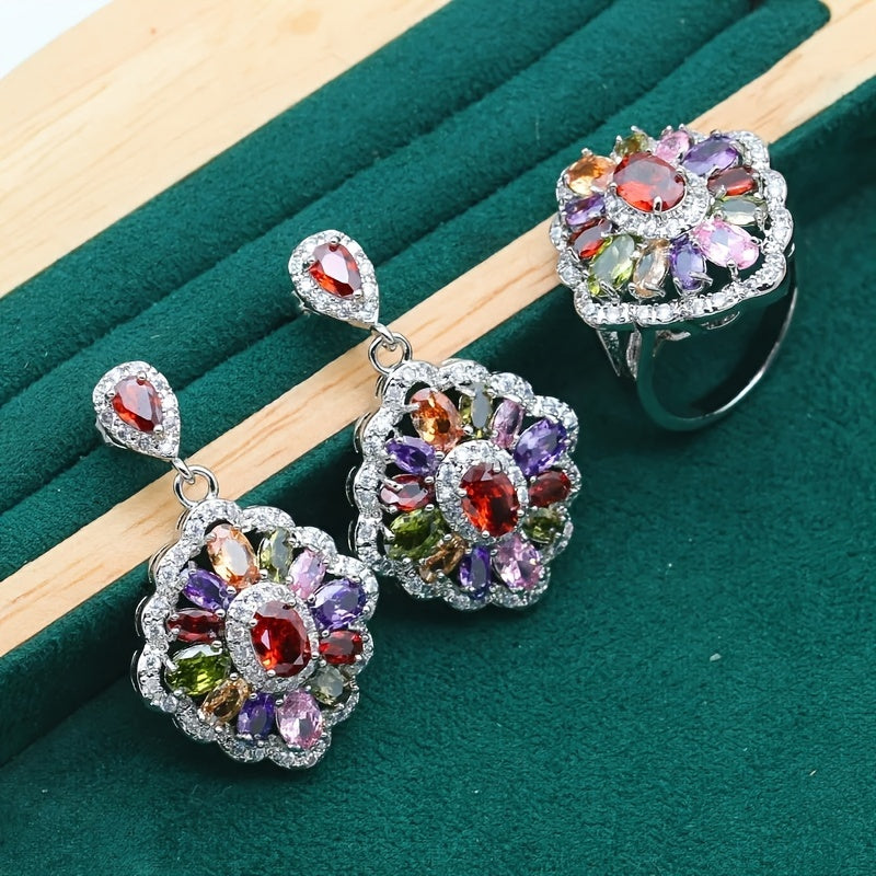 Beautiful 5-piece Bridal Jewelry Set featuring Cubic Zirconia, Adjustable Ring, Earrings, Necklace, and Bracelet - Made with Hypoallergenic White Gold Plated Copper and Colorful Stones - Ideal for Weddings, Valentine's Day, and Mother's Day Gifts.